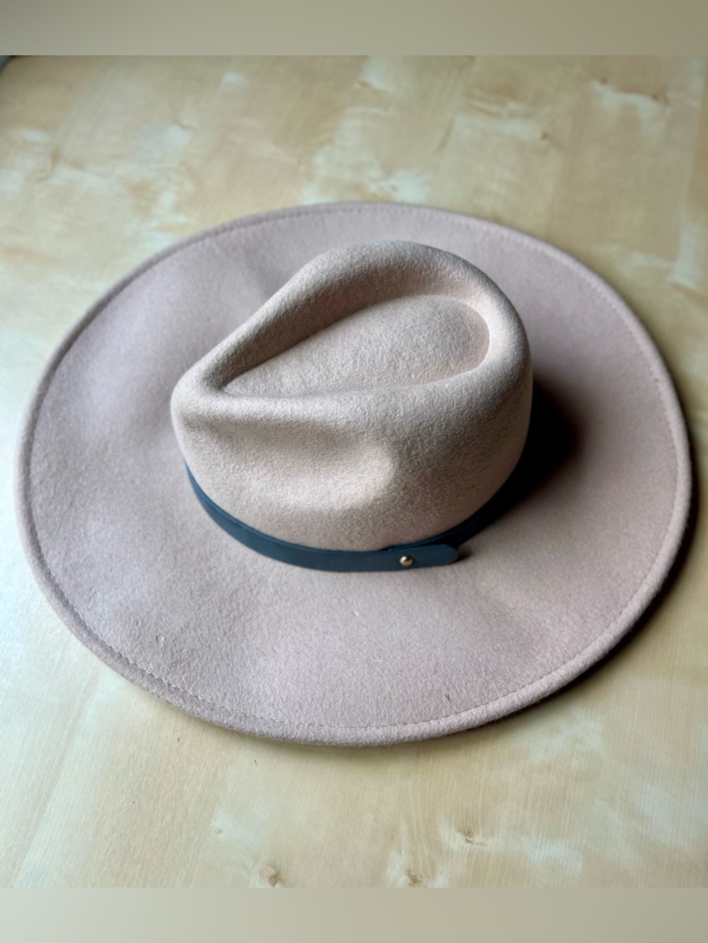 Wide Brim 100% Wool Felt Fedora in Beige with Gray Band Boho Western Minimalist - Picture 2 of 10